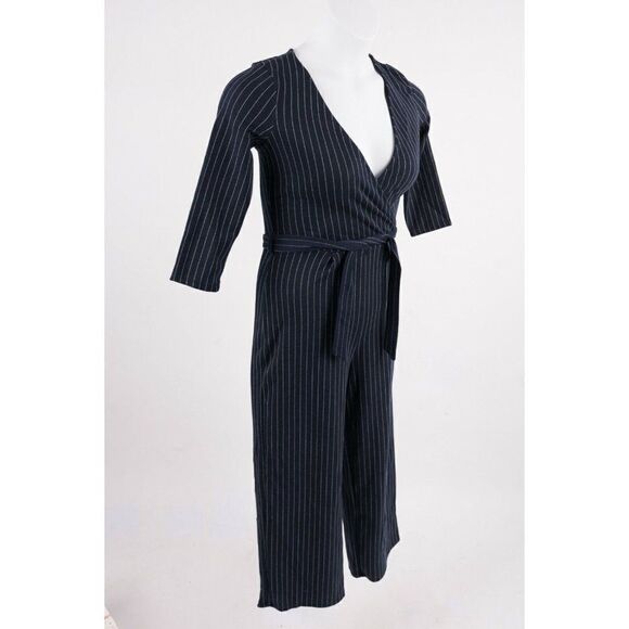Bershka Women's Jumpsuit Small Navy Blue Striped Belted Wide Leg  NWT 8746/326 - Picture 5 of 7